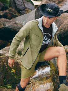 Gym Rark Boyfriend Style Men's Solid Color Zipper & Drawstring Closure Hooded Sports Jacket, Suitable For Hiking, Outdoor Travel Sports Jacket - Olive Green - View 5