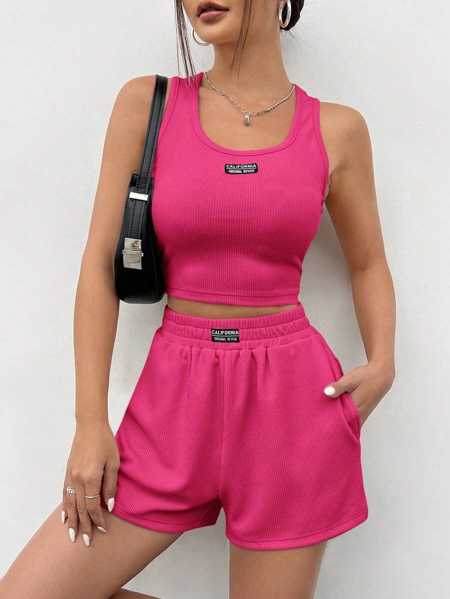 SHEIN EZwear 玫瑰红针织女式字母印花吊带背心和短裤套装 - 玫紅色 - 查看 1