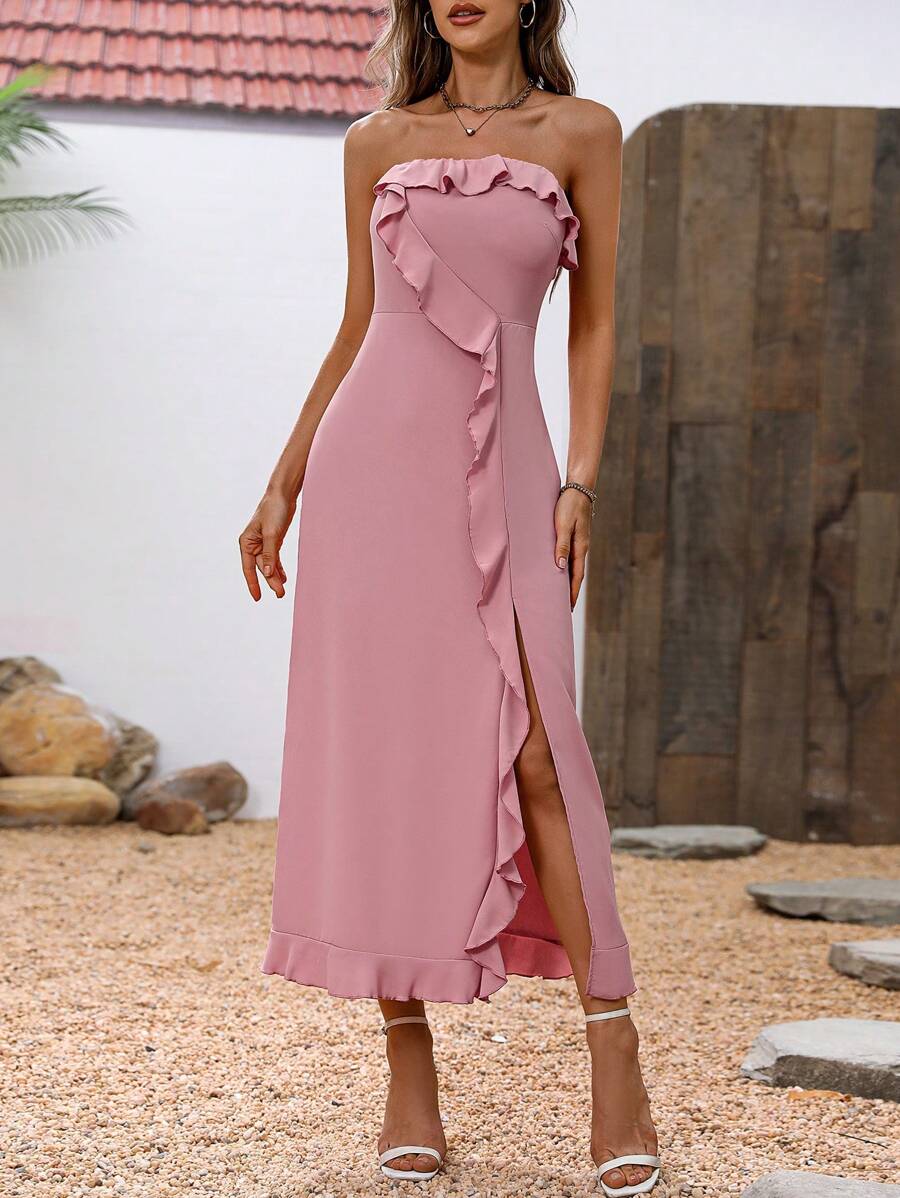 Chiquease 女式夏季纯色露肩连衣裙，带荷叶边下摆和侧开衩 - 藕粉色 - 查看 1