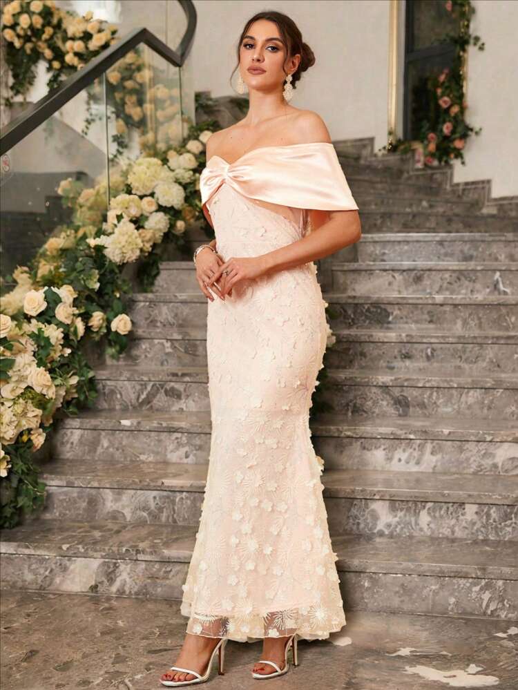 Elegant & Gorgeous Off Shoulder Dress With Floral Detailing For Evening Party
