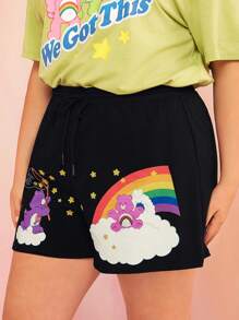 SHEIN X Care Bears Cộng với quần short eo có dây rút in hình gấu cầu vồng dễ thương dáng rộng giản dị cho mùa hè - màu đen - Xem 5