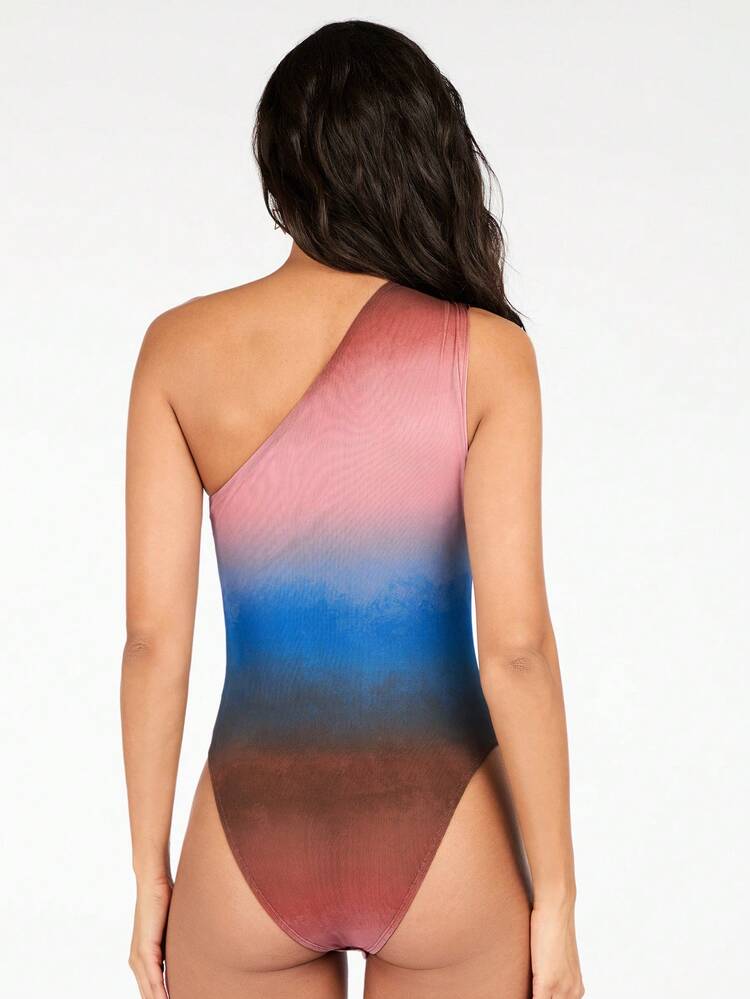 Ladies' Summer Gradient Color One Shoulder Sleeveless Bodysuit Skinny Fit