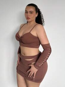 SHEIN SXY 大尺碼女士春夏雷鬼派對音樂節鄉村音樂會露肩長袖短上衣和半身裙套裝 - 棕色 - 查看 4