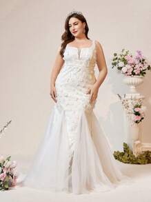 SHEIN Belle Thanh lịch Và Thanh lịch, Đơn giản, Vai rộng, Cổ vuông, Cổ chữ V, Khâu lưới, Cúp ngực, Xương cá ba chiều, Hoa ba chiều, Thông minh và thanh lịch, Eo cao, Miếng vải tuyn đuôi cá giảm béo, Chiều dài sàn cực dài Váy cưới, Đám cưới du lịch nghỉ dưỡng, Đám cưới trên bãi biển, Đám cưới bãi cỏ ngoài trời, Váy cưới - trắng - Xem 6