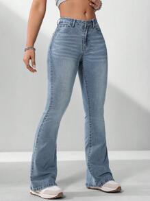 SHEIN Frenchy 女士休閒喇叭牛仔褲帶口袋 - 淺色水洗藍 - 查看 2