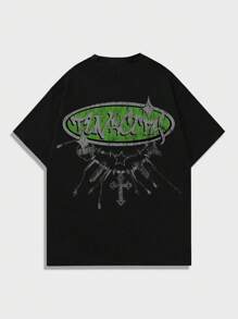 ROMWE MEN Street Life Men Portrait Printed Short Sleeve T-Shirt, Suitable For Daily Wear In Spring And Summer, School - Black - View 2