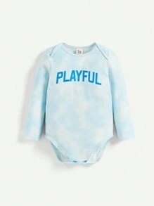 寶寶男孩字母印花圓領長袖連體衣,掀開式肩膀設計 - 藍色 - 查看 3