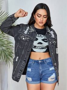 Women's Spring Denim Jacket With Rivet Decor, Distressed, Flap Pockets, Drop Shoulder - Dark Grey - View 6