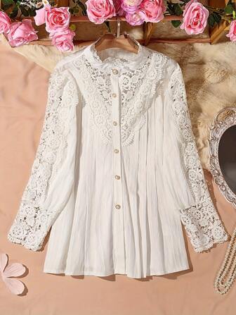 Plus Storlek Kvinnors Skjorta Med Spets Bubble , Lanternärmar , Enfärgat Och Veckade Design