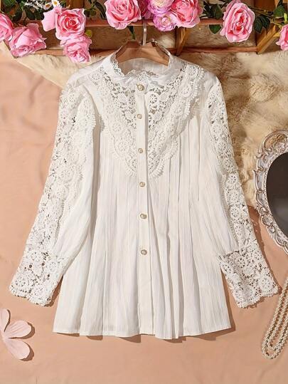 Plus Size Women's Shirt With Lace Bubble Sleeves, Lantern Sleeves, Solid And Pleated Design