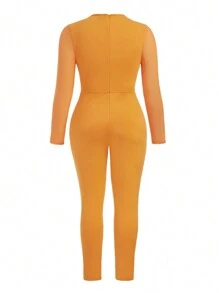 Flirla 大码女式针织性感网眼撞色连体裤 - 橘色 - 查看 2