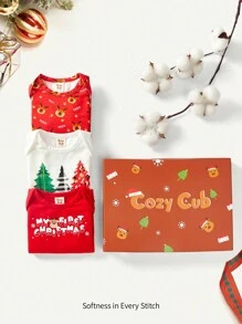 Baby Boy 3pcs Christmas Print Gift Box Bodysuit - White - View 2