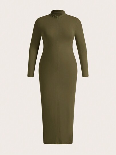 SHEIN BASICS Plus Solid Quarter Zip Bodycon Dress