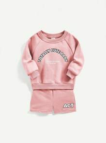 Cozy Pixies 4pcs Baby Girls' Letter Pattern Sports Style Raglan Sleeve Sweatshirt & Shorts Set Matching Set - Multicolor - View 11