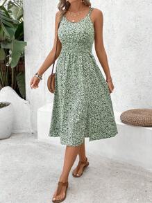 SHEIN Frenchy 全印花高開衩搖擺裙細肩帶夏季連衣裙 - 綠色 - 查看 5