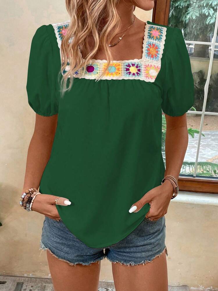 Women's Floral Pattern Square Neck Short Puff Sleeve Loose Shirt For Summer