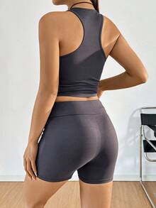 SHEIN Unity Women Simple Solid Color Cami Top And Shorts Set - Grey - View 3