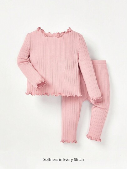 Cozy Pixies Niña recién nacida Conjunto de pijama ribete en forma de lechuga tejido de canalé