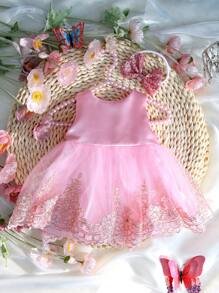 SHEIN 2pcs Newborn Baby Girl Photography Costume Set, Princess Flower Embroidery Mesh Dress With Butterfly Ornaments