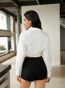 GENKIRA Solid Color Wide Belted Short Sleeves Top With Pleated Waistband - White - View 2