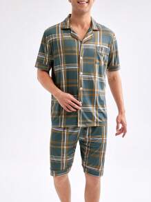 Men's Plaid Short Sleeve And Shorts Pajama Set - Army Green - View 4