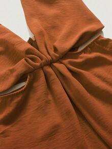 女士纯色镂空腰部连体裤 - 棕色 - 查看 5