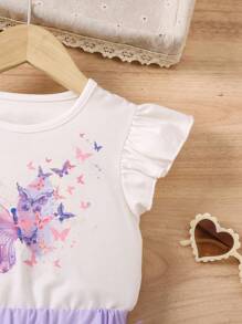 Young Girl 2pcs/Set Casual Butterfly Printed Top With Ruffle & Mesh Contrast Skirt For Summer - Lilac Purple - View 4