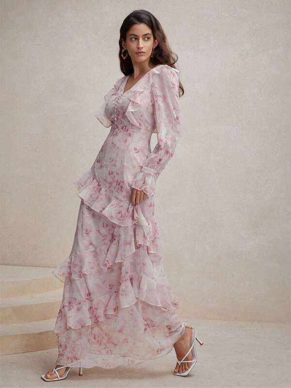 Anewsta Women's Vacation Style V-Neck Ruffle Edge Fashionable Floral Printed Dress Maxi Women Outfit