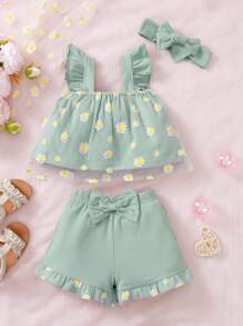 Baby Girl Headband, Daisy Mesh Spliced Top And Shorts 3-Piece Set For Summer