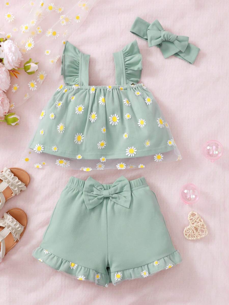 Baby Girl Headband, Daisy Mesh Spliced Top And Shorts 3-Piece Set For Summer