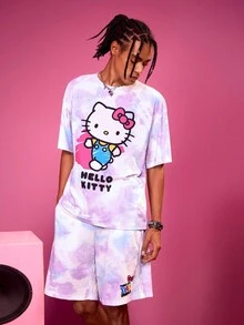 HELLO KITTY AND FRIENDS | SHEIN Bộ đồ hai mảnh thời trang đường phố nhuộm loang màu mát mẻ cho nam mùa hè - Hồng - Xem 4