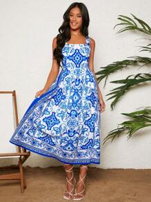 Travachic 假日夏季全印花休閒連身裙，細肩帶，寬鬆教師藍白色洋裝