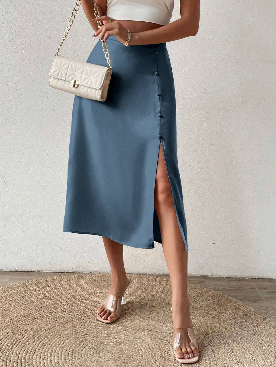 SHEIN Privé 女裝純色簡約分裂長裙 - 霧霾藍 - 查看 1