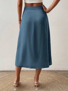 SHEIN Privé 女裝純色簡約分裂長裙 - 霧霾藍 - 查看 2