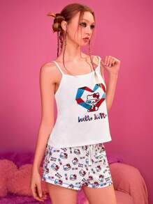 HELLO KITTY AND FRIENDS | SHEIN 女士休闲宽松针织印花吊带背心和短裤睡衣套装 - 白色 - 查看 8