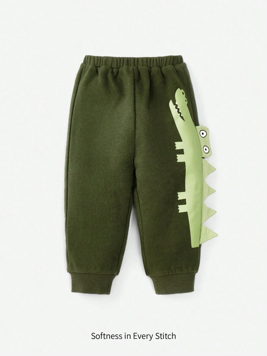 Cozy Pixies Baby Boy 3D Design Cartoon Graphic Sweatpants - Army Green - View 1