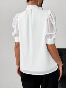 SHEIN Privé Women's Gentle Quality Chiffon Shirt With Bowknot Bubble Sleeves,Short Sleeve Tops