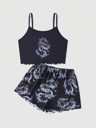 Grunge Punk Dark Punk Dragon Print Lace Trimmed Suspenders Shorts Pajama Set