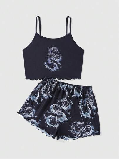 Grunge Punk Dark Punk Dragon Print Lace Trimmed Suspenders Shorts Pajama Set