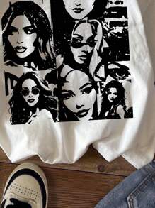 Attitoon Casual Portrait Printed White Crew Neck Short Sleeve Fitted Women T-Shirt, Suitable For Summer, Cotton Blended Back To School