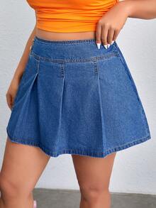 SHEIN EZwear Kích thước lớn Của phụ nữ Giải trí Mini Lỏng lẻo Xanh Váy Denim - Rửa trung bình - Xem 3