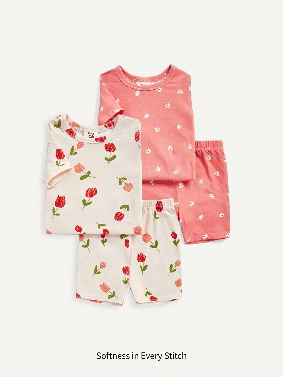 Cozy Pixies Bộ đồ ngủ 4 món in hoa cho bé gái - Áo tay ngắn & quần short - Hồng - Xem 1