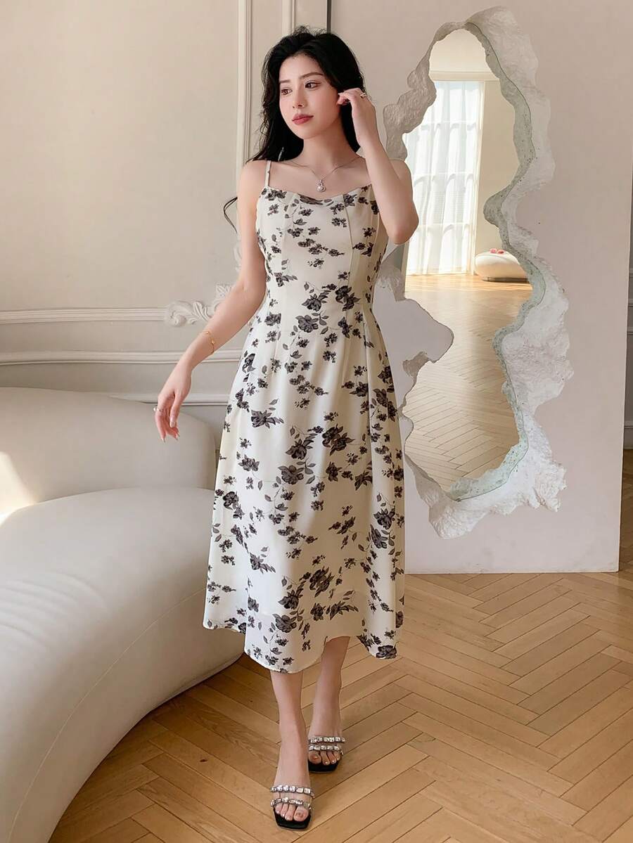 DAZY Mùa hè giản dị Ngày lễ In Hoa Dây đeo Mì Ý  Đầm - Xám - Xem 1