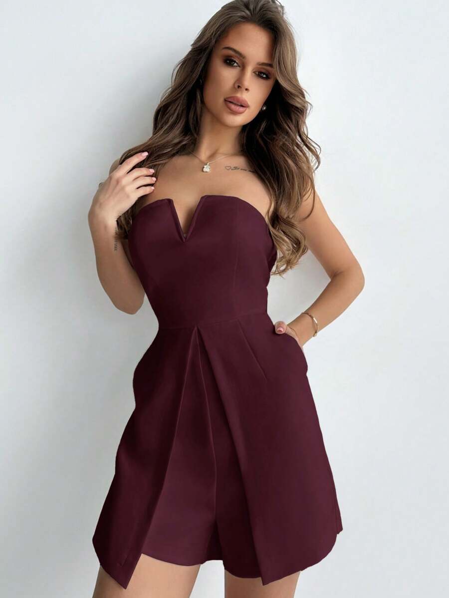 Firerie Women's Solid Color Strapless Jumpsuit, Perfect For Date And Wedding Season - Brown - View 1