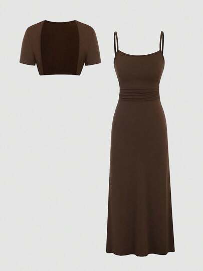 Sweetra Solid Color Cropped Top With Side Pleated Cami Dress Set