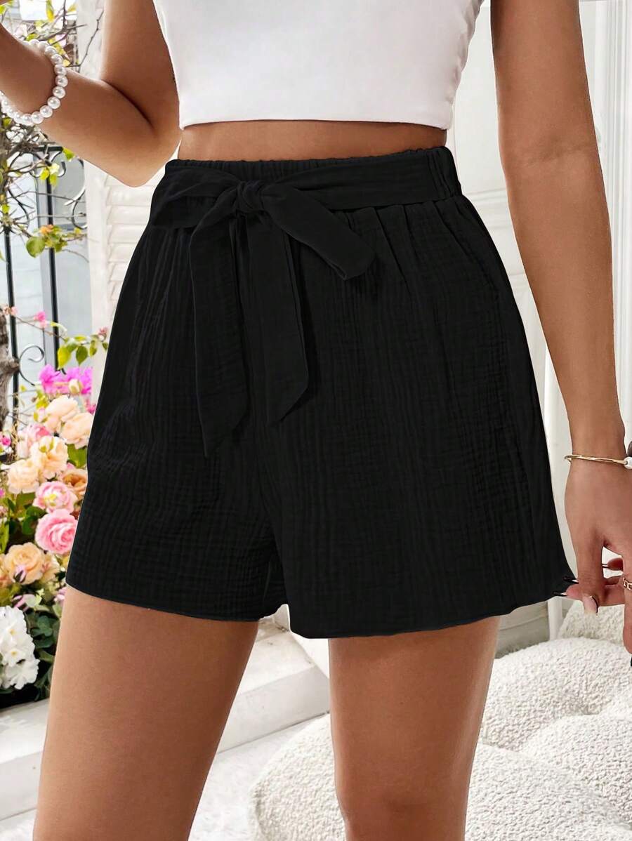 Chiquease Women's Solid Color Simple Belted Decor Shorts