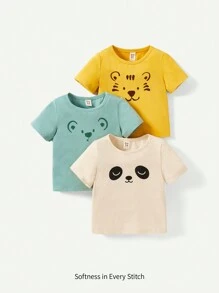 Cozy Pixies Conjunto De 3 Piezas De Camisetas De Manga Corta De Cuello Redondo Suave Tejido De Punto Para Niños, Con Patrones De Animales De Panda, Tigre Y Koala En Caricatura