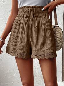SHEIN VCAY Summer Casual Texture Pattern Elastic Waist Drawstring Shorts - Brown - View 3