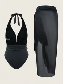 Swim Vcay Costume Da Bagno Intero Con Scollo A V Profondo E Bretelle Al Collo Con Gonna Copri-costo
