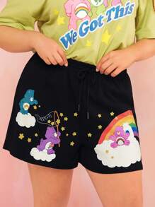SHEIN X Care Bears Cộng với quần short eo có dây rút in hình gấu cầu vồng dễ thương dáng rộng giản dị cho mùa hè - màu đen - Xem 1